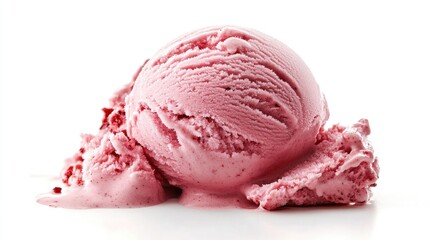 Melting strawberry ice cream scoop with soft edges, spreading slightly on a white background, highlighting rich, creamy sweetness