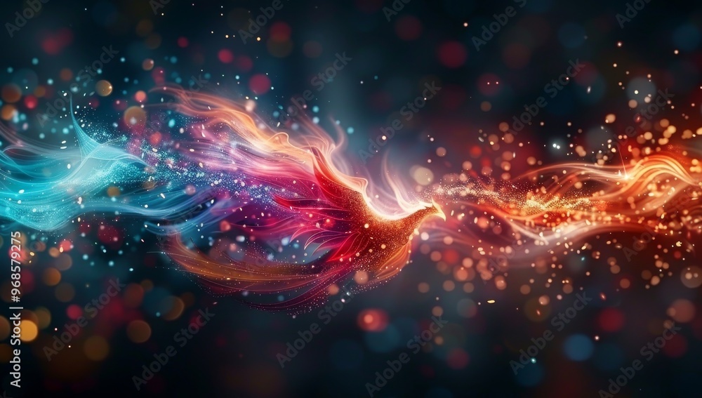 Poster a colorful fire bird is flying through a dark sky with a lot of sparkles by ai generated image
