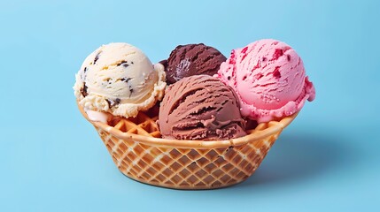 Three different scoops of ice cream lie in a waffle basket on a blue background