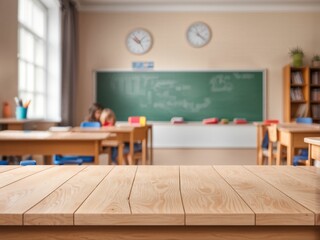 Blank wooden table top on blurred schoolchild room interior background