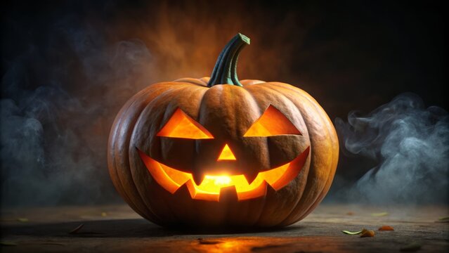 A ghostly countenance, lantern eyes aglow, looms from the shadows, foreboding dread as the witching hour approaches on