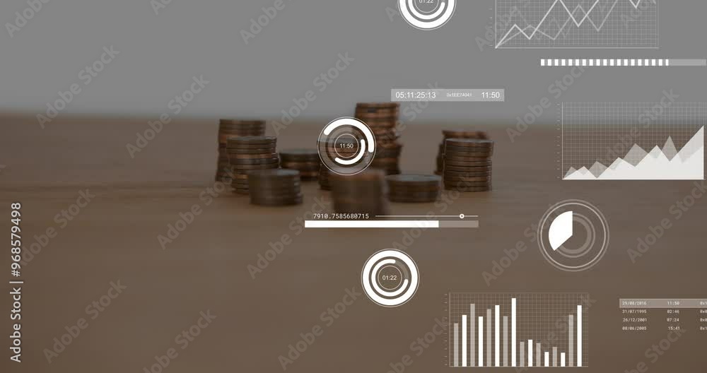Poster animation of data processing and diagrams over coins