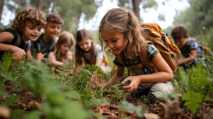 Kids attending forest school, learning survival skills and nature conservation in a hands-on outdoor environment