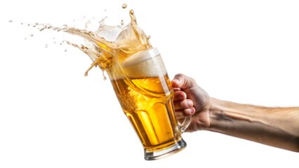 Isolated hand holding a transparent glass of cold, golden beer with a frothy head