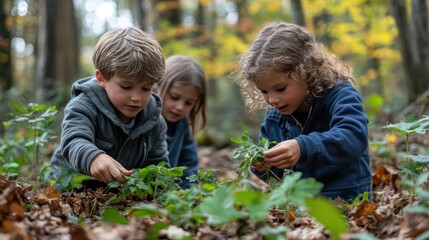 Kids foraging in the forest, learning to identify edible plants, engaging in nature-based survival skills