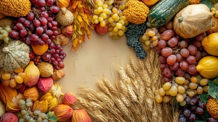 Fototapeta premium Bountiful Autumn Harvest Cornucopia with Seasonal Fruits and Vegetables