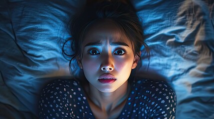 Portrait of an Asian woman in bed, lying awake in the middle of the night, representing insomnia and restless sleep.