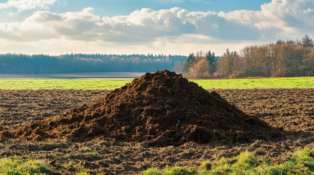 Pile of organic manure in a rural field, ready for use in agriculture, with the surrounding landscape showing early signs of growth