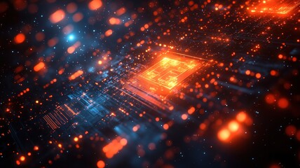 Obraz premium Abstract digital circuit with glowing particles and vibrant colors.