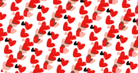 This vibrant and playful pattern features a chaotic arrangement of hearts in various shades of red, pink, and black. 