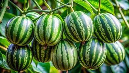 A leafy vine produces large, round fruits with vibrant green stripes and a sweet, juicy red pulp that's
