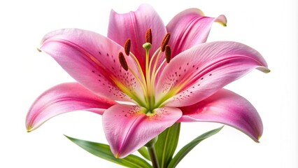 Naklejka premium Macro picture of a romantic pink lily isolated on a white background, colorful, elegance, summer, feminine, nature, peaceful, purity, fragility, vibrant, petal, symmetrical, garden, beauty