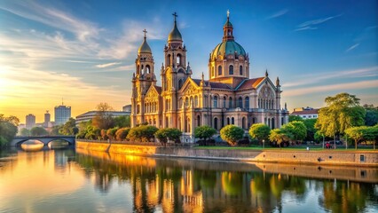 Obraz premium morning glow, Christianity, tranquil., architecture, A medium shot stock photo capturing the majestic Grand Riverside Cathedral in the glorious morning light