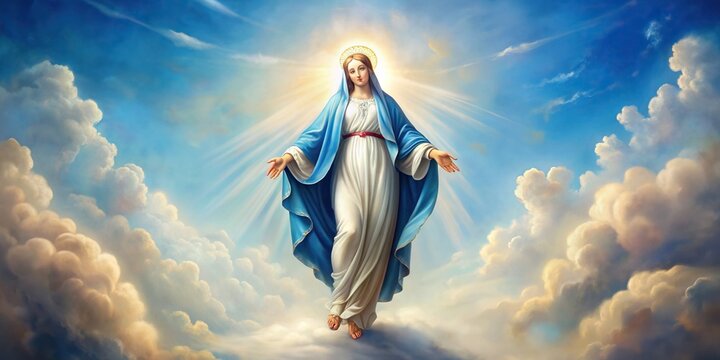 Mary Ascending to Heaven The Feast of the Assumption Wide Angle, Christianity, Divine, Glorious, Belief, Heavenly, Ascending,Mary, Faith, Feast, Celebration, Wide-Angle, Rays of Light