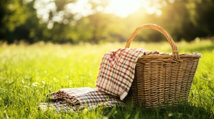 Scenic view of a picnic basket with a folded tablecloth on green grass in a sunny meadow landscape.