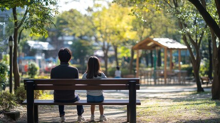 Parents sitting on a bench in a Japanese park, watching their children play as they enjoy a sunny afternoon together.