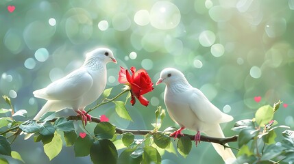 Two white doves with a red rose flower on the background of a heart red rose flower a pair of doves valentines day romantic relationship wedding print green background