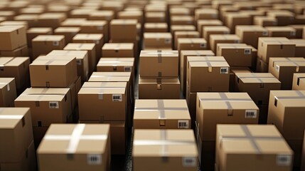 Fototapeta premium Stacks of cardboard boxes arranged neatly in a large distribution warehouse, symbolizing logistics, shipping, and order fulfillment