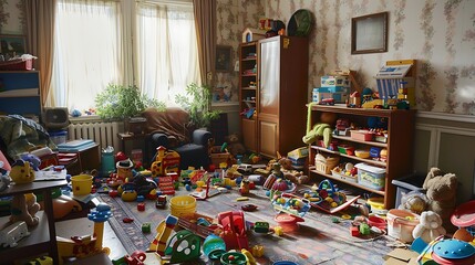 Untidy living room childrens toys all around a place