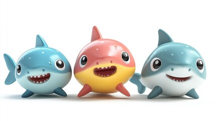 cutout set of 3 cartoon aquarium or sea fish and baby shark animal toys characters isolated on white background