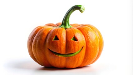 Obraz premium An optimistic pumpkin glows with a carved smiley face and a lively green stem, set against a pure