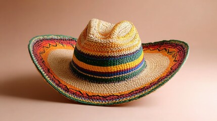 Traditional Mexican sombrero with a colorful pattern, set against an empty background for a cultural concept.