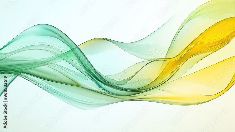 Poster transparent yellow and green waves with smooth curves flowing across a sleek, abstract background, c