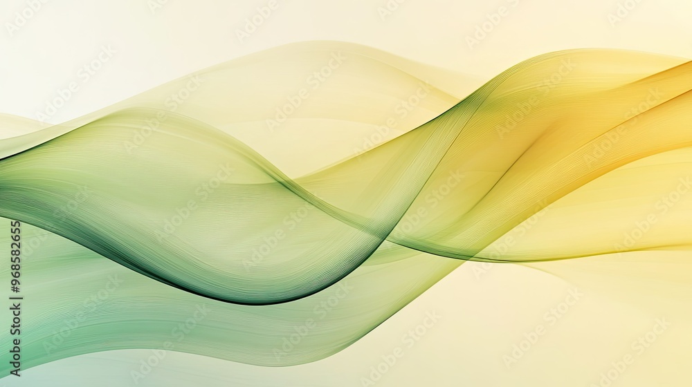 Poster transparent yellow and green waves with smooth curves flowing across a sleek, abstract background, c