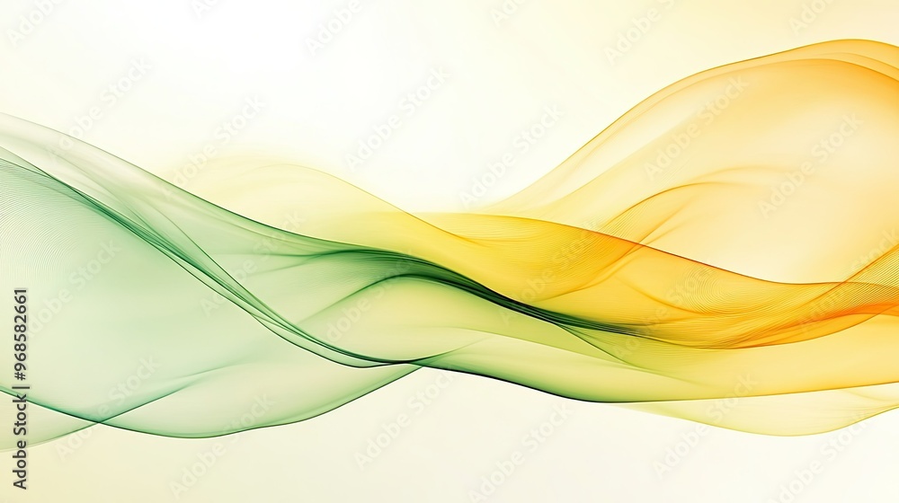 Poster transparent yellow and green waves with smooth curves flowing across a sleek, abstract background, c