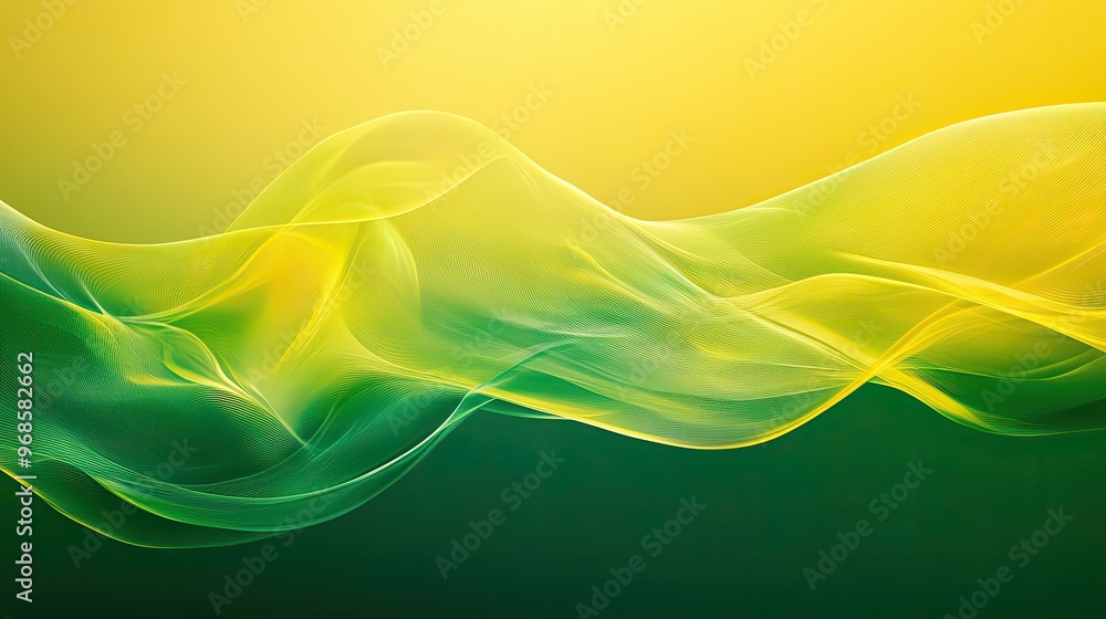 Poster transparent yellow and green waves with smooth curves flowing across a sleek, abstract background, c