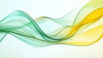 Transparent yellow and green waves with smooth curves flowing across a sleek, abstract background, creating a dynamic visual.