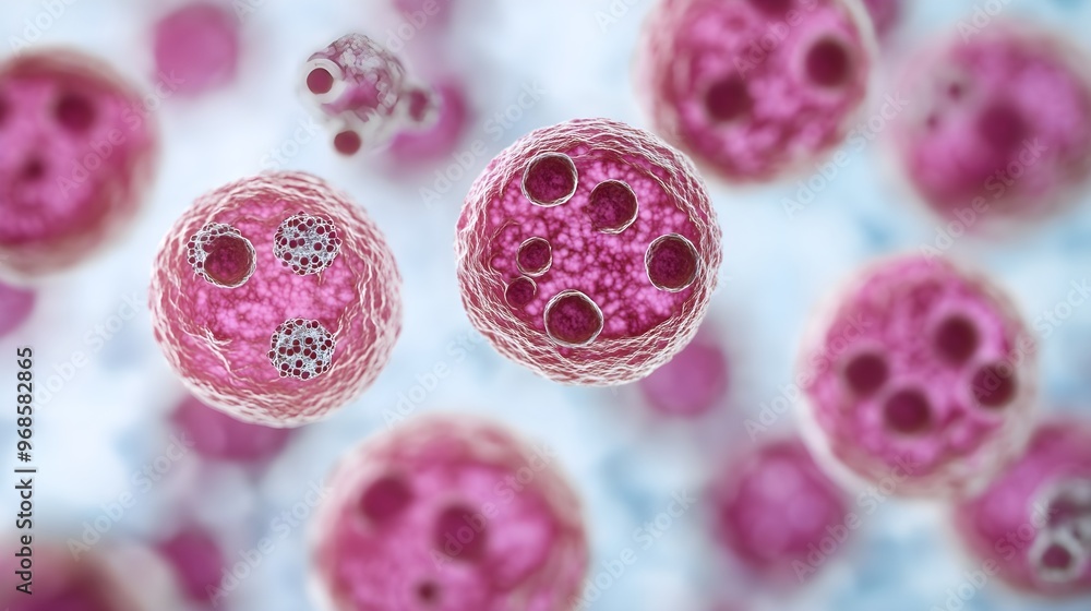 Poster microscopic view of pink cells with internal structures