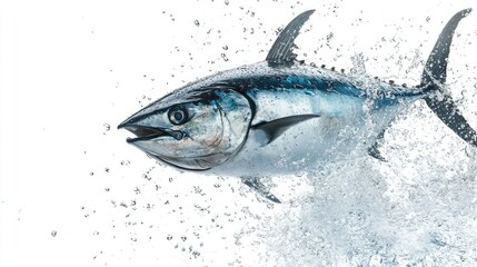 Obraz premium Tuna fish captured mid-jump, with water droplets trailing behind, isolated on a white background for a striking visual.