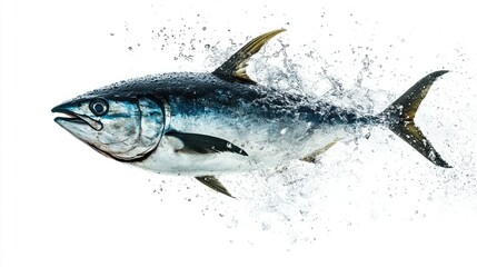 Obraz premium Tuna fish mid-leap, suspended in motion with water droplets around it, isolated on a pristine white backdrop.