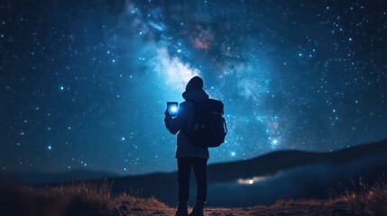 Obraz premium Under the starry sky Travelers use their phones with travel kits. To capture the perfect shot of the Milky Way far from the city lights.