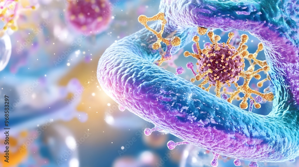 Poster microscopic view of virus attacking cell