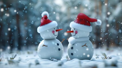 Fototapeta premium View of a couple of snowmen in a santa hats on their heads in a winter forest holiday christmas background