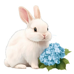Obraz premium Cute rabbit with Hydrangea bouquet, watercolor