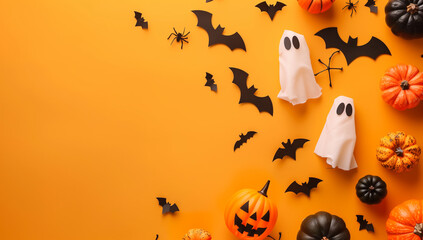 halloween card with party decorations of pumpkins bats spiders ghosts on orange background with copyspace
