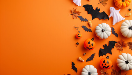 halloween card with party decorations of pumpkins bats spiders ghosts on orange background with copyspace