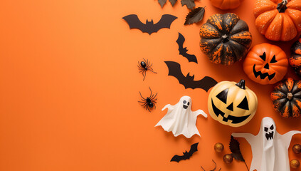 halloween card with party decorations of pumpkins bats spiders ghosts on orange background with copyspace