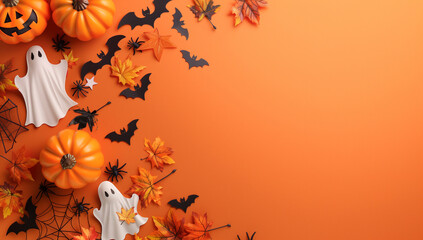 halloween card with party decorations of pumpkins bats spiders ghosts on orange background with copyspace