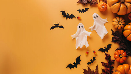 halloween card with party decorations of pumpkins bats spiders ghosts on orange background with copyspace