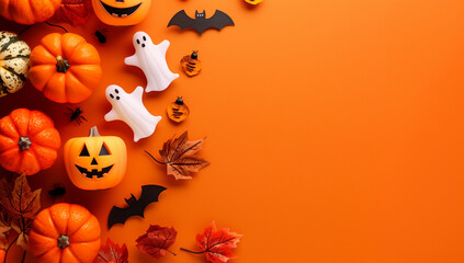halloween card with party decorations of pumpkins bats spiders ghosts on orange background with copyspace