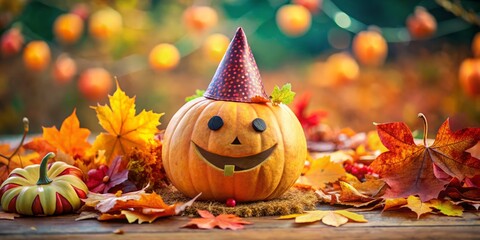 A radiant pumpkin wearing a birthday hat sat among a tapestry of autumn hues, festooned with decorations, radiating