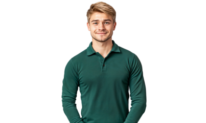 Portrait of a handsome man smiling, wearing a green shirt in a casual pose, isolated on a transparent background