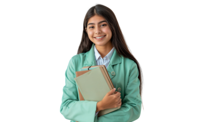 Portrait of a smiling young female college student holding a book, isolated on transparent background