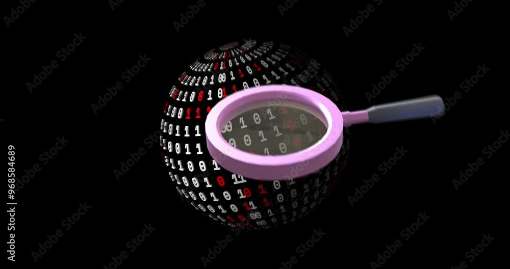 Poster animation of reading glass and globe of binary coding on black background