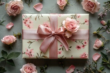 Floral gift box decorated with pink roses and eucalyptus on silk background