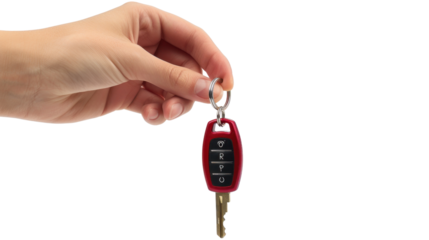 Hand holding car keys on transparent background